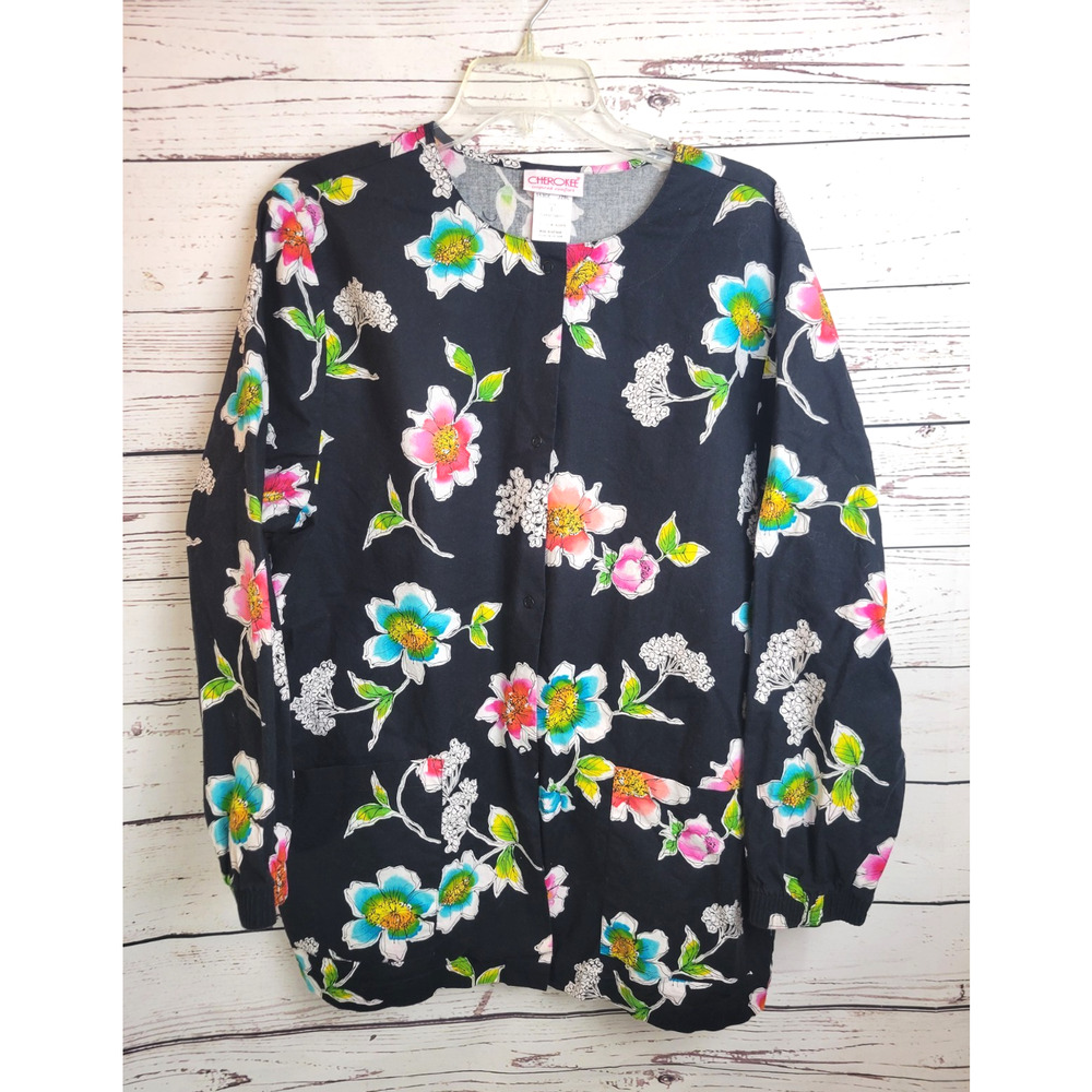 Vintage‎ Cherokee Long Sleeve Scrub Top Black Floral Pockets Snap Women's Large